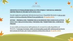 Obvestilo o podaljšanju roka za vpis otrok v vrtce na območju Občine Piran za šolsko leto 2020-2021